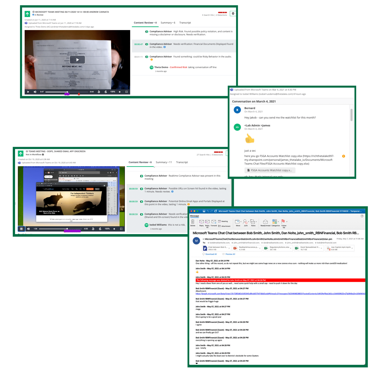 Theta Lake's compliance and security platform integration with Microsoft Teams. Compliance review screen shows a detection of a financial document on screen, file of account numbers shared via chat, email application showed on screen, and journal entry sent to 0365 of a MS Teams chat interaction.